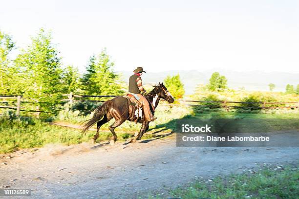 Cowboy Galloping Lungo Una Strada In Terra Battuta - Fotografie stock e altre immagini di Albero - Albero, Ambientazione esterna, Animale