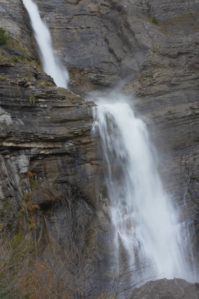 the sorrosal waterfall. broto, in the pyrenees. ordesa and monte perdido national park. huesca. aragon. spain - snow leaf branch winter imagens e fotografias de stock