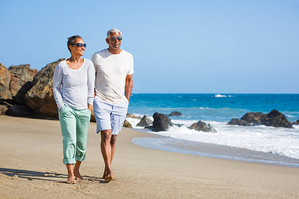 istock Senior African American couple walking on beach 181126667