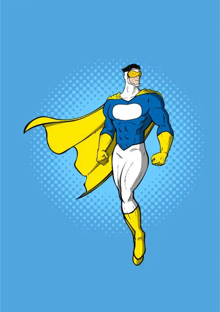 Vector illustration of Vector Cartoon Pop Art Superhero Flying Floating in the Air Stock Illustration