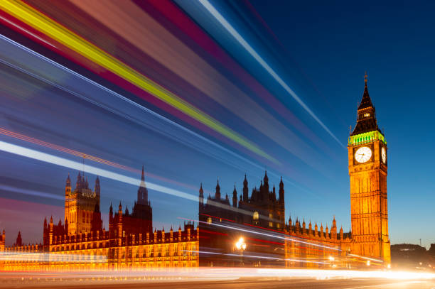 istock Westminster and Big Ben Clock Tower with Passing Traffic Light Trails, London, UK 1811271567