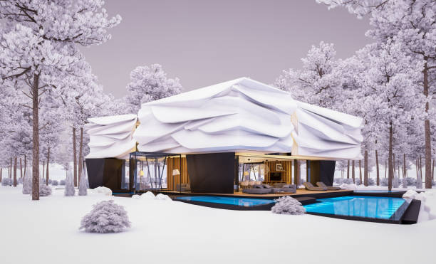 istock 3d rendering of modern house with bionic natural curves plastic forms in winter evening 1811274182