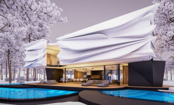 istock 3d rendering of modern house with bionic natural curves plastic forms in winter evening 1811274185