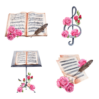 Violin, string instrument, treble clef, music stand, sheet music, rose flowers. Collection of classical music hand drawn design compositions. Watercolor illustration isolated on white background