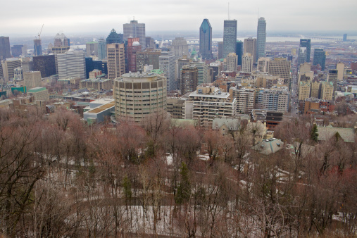 Downtown Montreal as seen from Mount Royal. McGill University is visible to the left. Anything resembling a corporate logo was edited out.