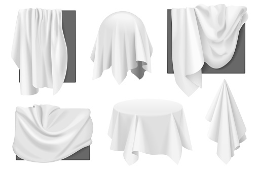 White cloth covers on objects with drapery set vector illustration. 3D realistic isolated secret presentation under fabric before revealing, silk tablecloth on table with wavy drape, hidden frames