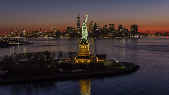 New Jersey, United States – May 01, 2022: An aerial view of the iconic Statue of Liberty in New York City, seen from the water directly in front