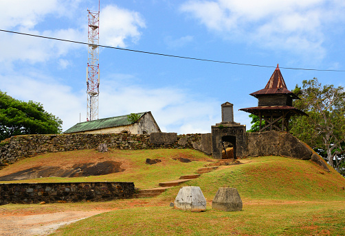 Cayenne, French Guiana: Fort Cépérou (aka Fort Saint-Michel), named after Cépérou, am indigenous chief who ceded the land, built on a hill looking over the mouth of the Cayenne River. Colonial structure first erected in the 17th century and rebuilt several times, being occupied by Dutch, English and Portuguese. The tower on the right, called the 'pagoda' houses the city alarm bell.