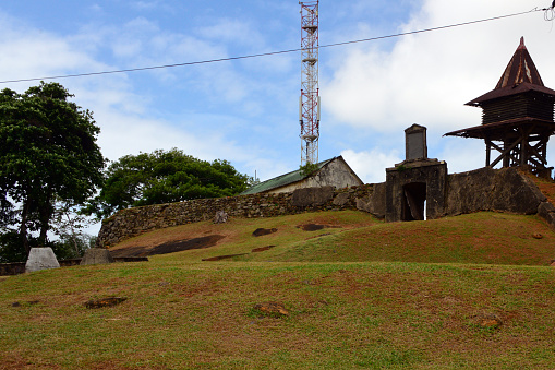 Cayenne, French Guiana: Fort Cépérou (aka Fort Saint-Michel), named after Cépérou, a celebrated indigenous chief who ceded the land, built on a hill looking over the mouth of the Cayenne River. It was first built in the 17th century and rebuilt several times, being occupied by Dutch, English and Portuguese. The tower on the right, called the 'pagoda' houses the city alam bell.