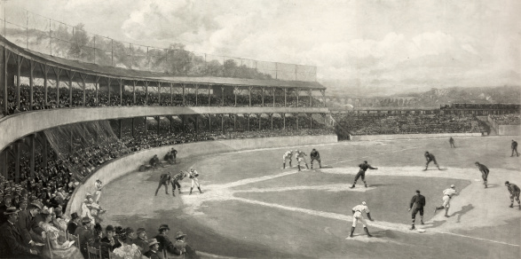 Vintage illustration of a baseball game from 1896.