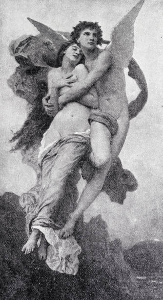 Cupid and psyche holding each other flying up Illustration from 19th century. valentines day history stock illustrations