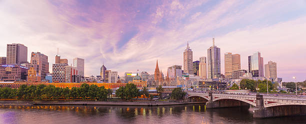 Panoramic view of Melbourne at dawn Melbourne CBD skyline in Victoria Australia.  victoria australia photos stock pictures, royalty-free photos & images
