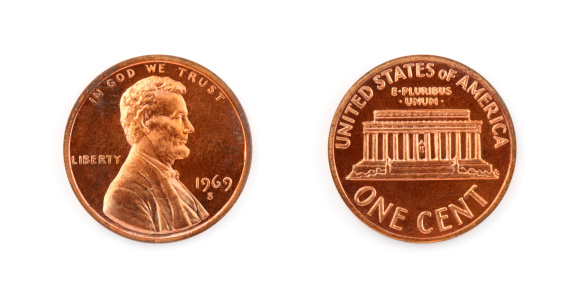One US penny showing front and back isolated on white.