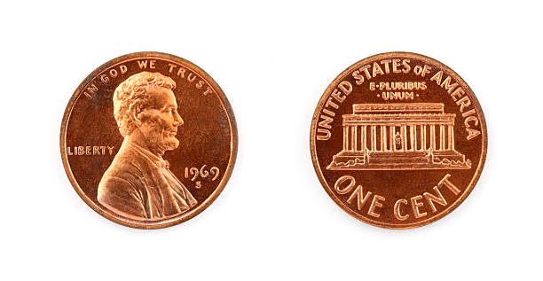 One Cent One US penny showing front and back isolated on white. 1969 stock pictures, royalty-free photos & images