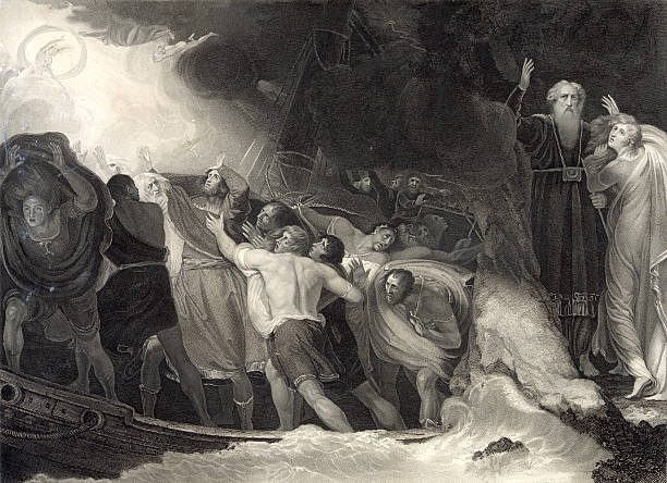 Shakespeare's The Tempest Vintage engraving of the first act and scene of Shakespeare's play, The Tempest. engraving william shakespeare art painted image stock illustrations