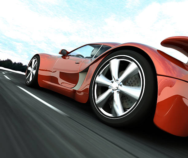 A generic red sports car on a winding road. My own original car design. 3D render with HDRI lighting and raytraced textures.Also available.