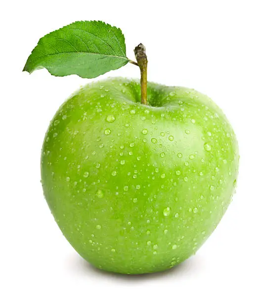 Photo of Freshly washed green apple with leaf on white background