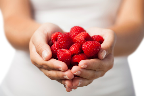 fresh picked raspberry in containers in hand