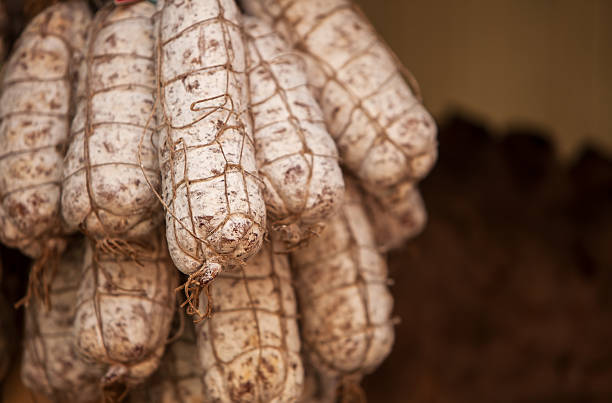 Italian salami sausages on a farmers market.