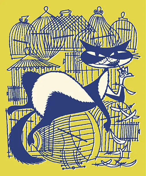 Vector illustration of Cat With Empty Birdcages