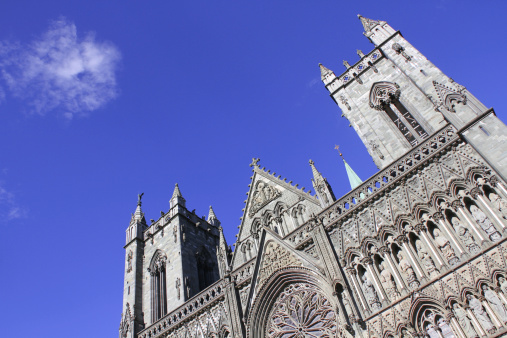beautiful Trondheim Cathedral against blue sky, Norway