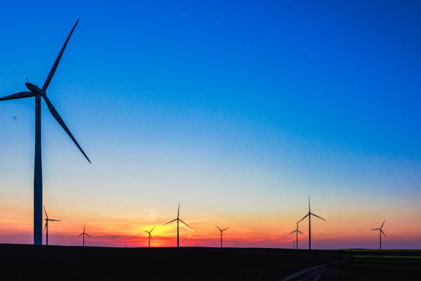 Wind turbines in the plain after sunset, reddish purple horizon under the blue sky, sustainable energy and future resources
