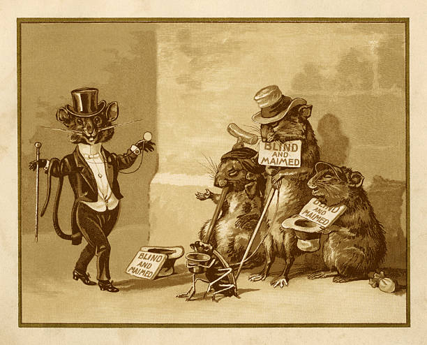 Three blind mice painting, sepia  “Three blind mice, Three blind mice, See how they run, See how they run, They all ran after the farmer’s wife, She cut off their tails with a carving knife, Did you ever see such a thing in your life?…” from the nursery rhyme as depicted in “The Diverting History of Three Blind Mice” illustrated by Edmund G Caldwell, published by Marcus Ward & Co of London, Belfast & New York in 1887. longhorn beetle stock illustrations