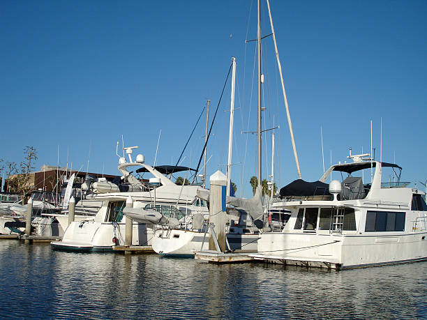 Wealth at the Marina Rich men's toys lined up in their slips at Marina Del Rey, California motor yacht reverie stock pictures, royalty-free photos & images