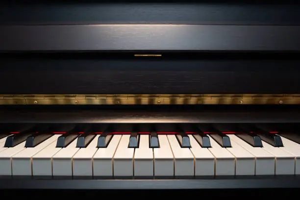 Piano keys. Straight on shot, front view, close up, no people.