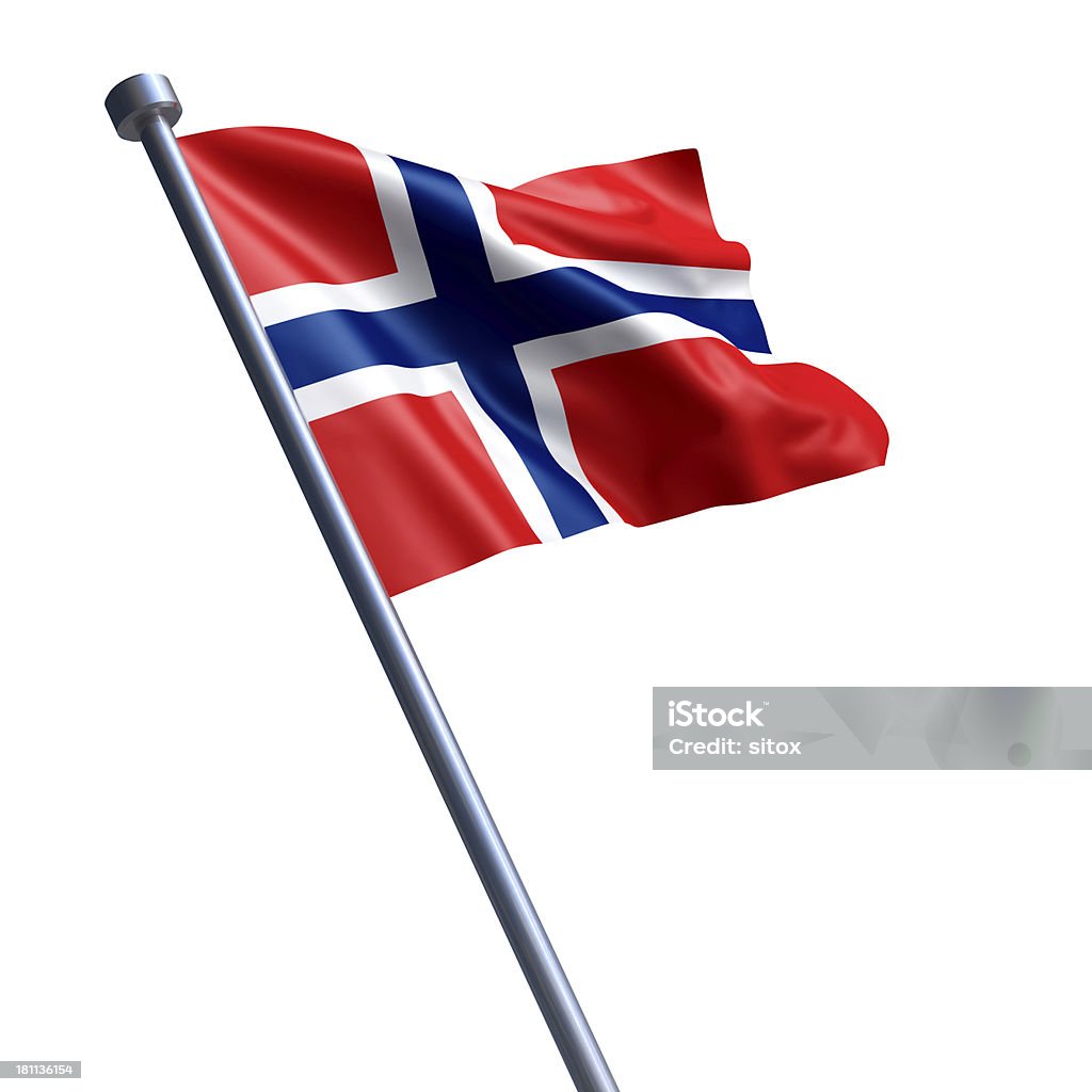 Flag of Norway isolated on white Flag of the Kingdom of Norway on modern metal flagpole. Cut Out Stock Photo