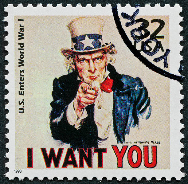 World War I Stamp Cancelled Stamp From The United States Featuring Uncle Sam During World War I. i want you stock pictures, royalty-free photos & images