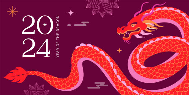 ilustrações, clipart, desenhos animados e ícones de fundo do ano novo lunar, banner, ano novo chinês 2024, ano do dragão. estilo moderno minimalista tradicional - ano novo