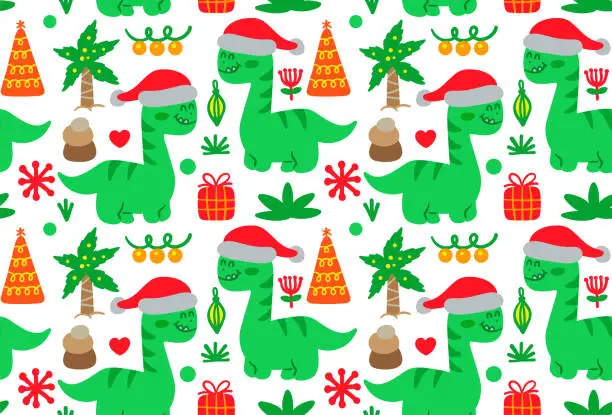 Vector illustration of Christmas dinosaurs flat design cartoon seamless pattern on white background
