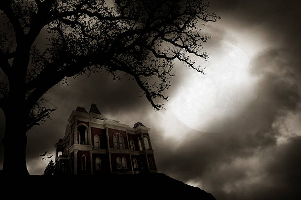 Old abandoned mansion house under stormy sky at sunset with warm light in the windows. 3D rendering.