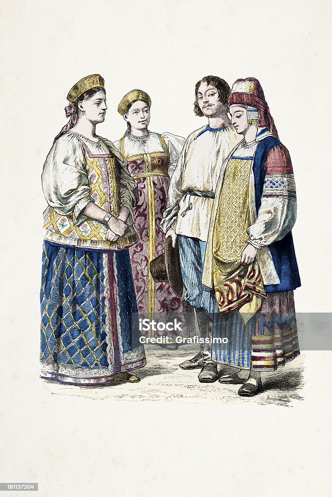Группа российских граждан в традиционной одежды от 19 века - Стоковые иллюстрации XIX век роялти-фри