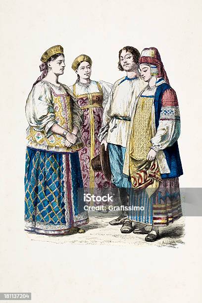 Группа Российских Граждан В Традиционной Одежды От 19 Века — стоковая векторная графика и другие изображения на тему XIX век