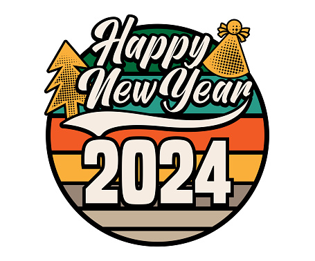 Happy new year 2024 retro style text and colors with Christmas tree and party hat cartoon illustration on white background. Vector graphic design. Great for sublimation print, stationery, party supplies. business cards, greeting cards, website design, accessories, jewelry, clothing and much more