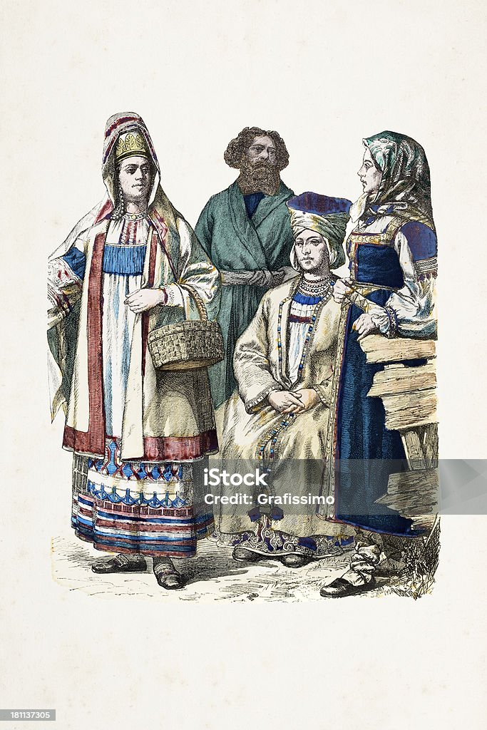 ロシア人のグループで、伝統的な服装から 19 世紀の - 19世紀のロイヤリティフリーストックイラストレーション
