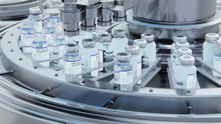 Close up 3d render. Vaccine manufacturing, machine puts caps on bottles vials passing on conveyor belt. Clear blue liquid.Pharmaceutical company production line 3d rendering.