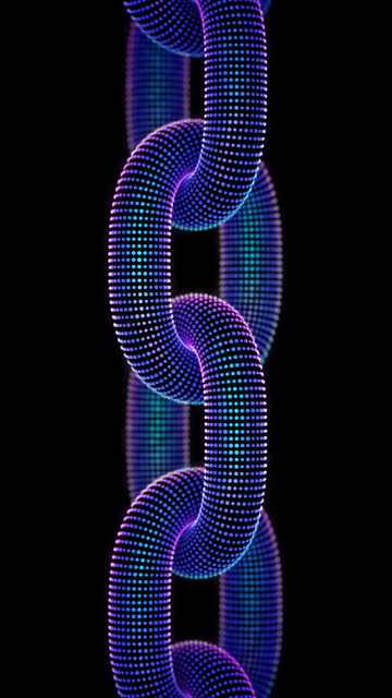 3D chain links made of neon glowing particles moving up on black background. Abstract concept of blockchain technology, crytpocurrency security or crytpo investment.