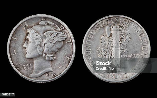 Plata De Diez Centavos Foto de stock y más banco de imágenes de Mercurio - Dios romano - Mercurio - Dios romano, Moneda de diez centavos, 1945