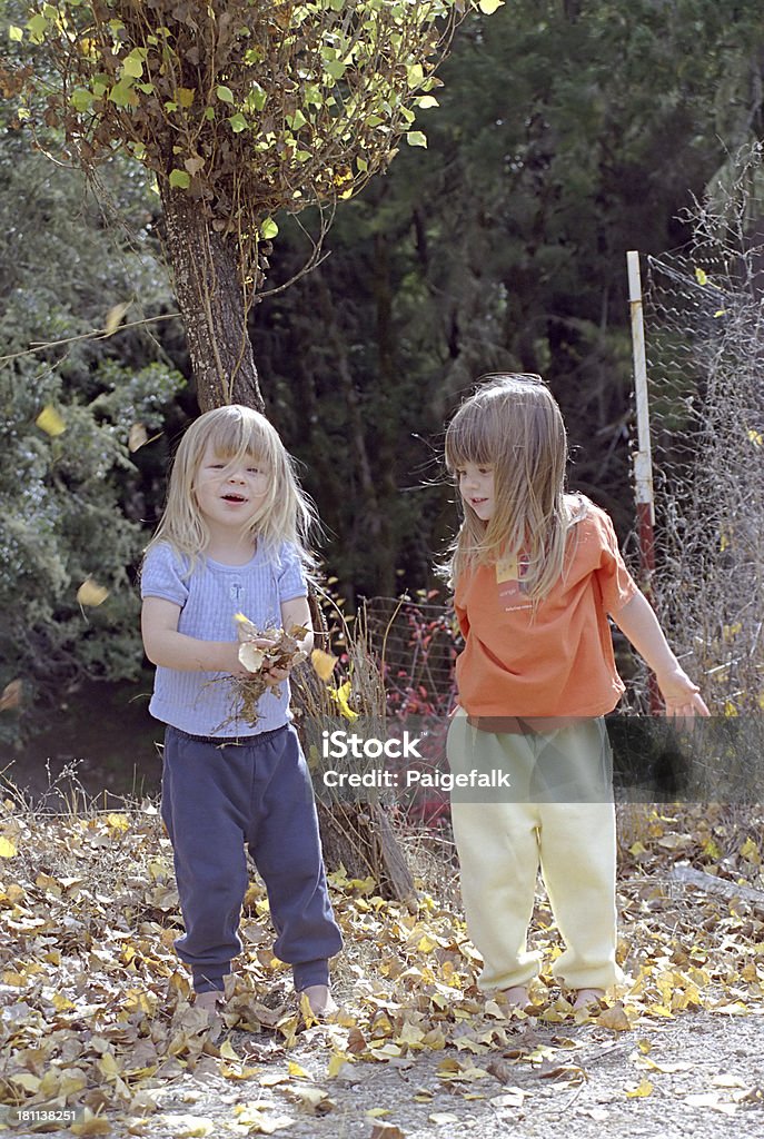 Niños jugando con hojas - Foto de stock de Aire libre libre de derechos