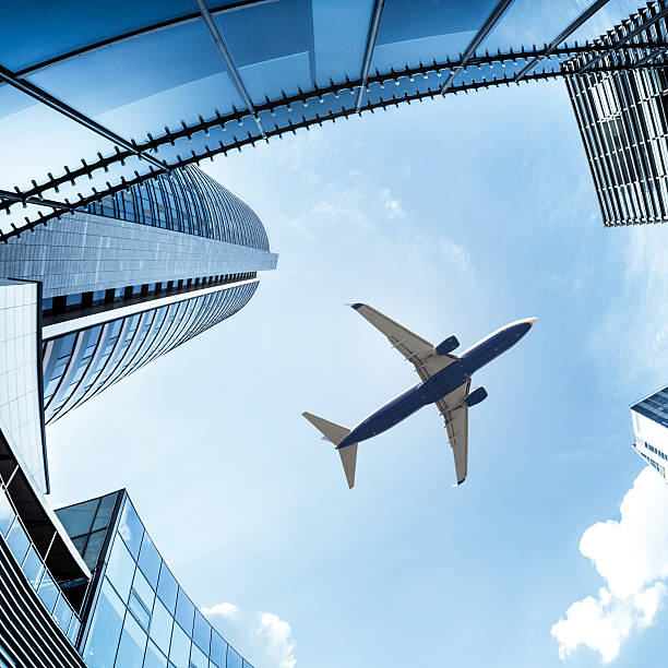 istock Airplane above City Financial District 181138323