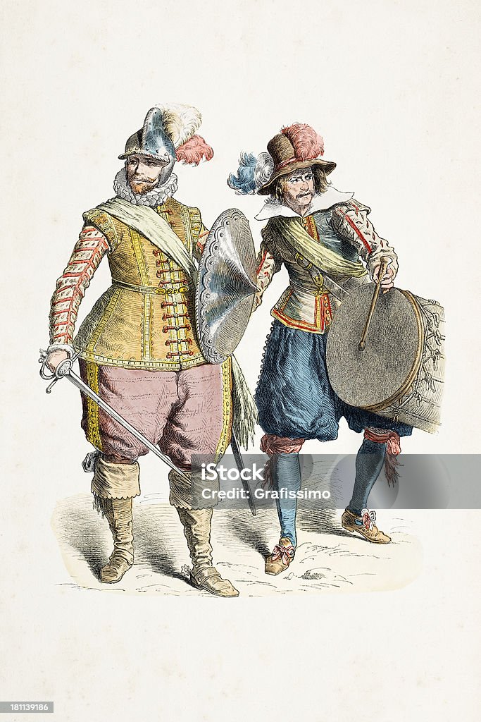 German soldados com diferentes fantasias do século XVII - Ilustração de Acessório de Vestuário Histórico royalty-free