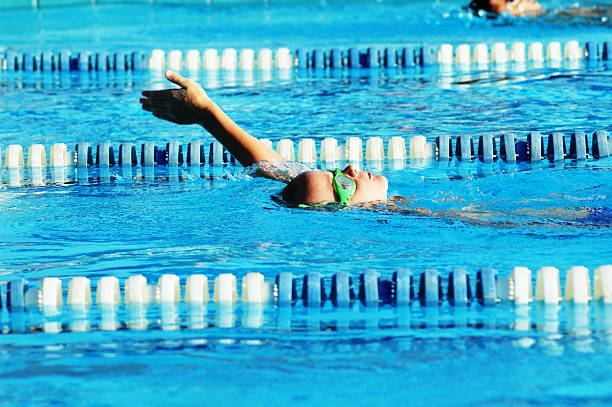 istock Young Male Boy Backstroke Swimming Race 181139234