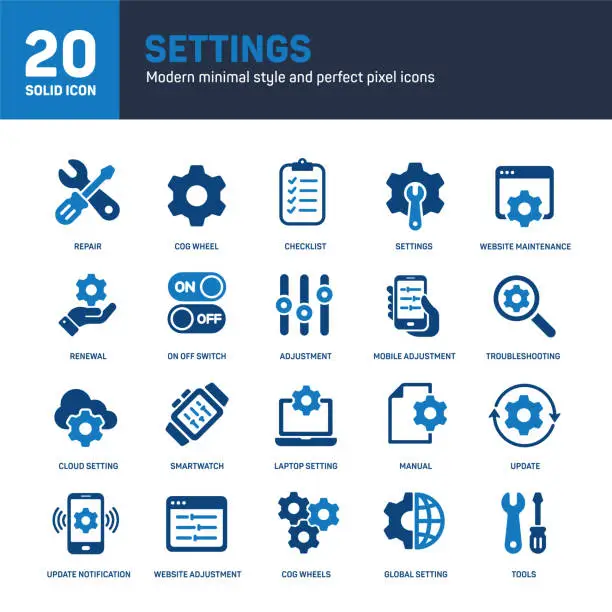 Vector illustration of Setting solid icons. Containing repair, tools, update, adjustment solid icons collection. Vector illustration. For website design, logo, app, template, ui, etc.