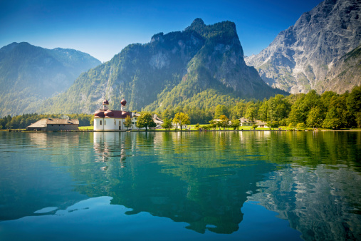 Iconic landmark in south-eastern Bavaria. The St. Bartholomew's Church is situated right next to the Königssee lake.