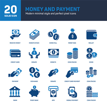 Money and payment solid icons. Containing money bag, coin, exchange, credit card solid icons collection. Vector illustration. For website design, logo, app, template, ui, etc.