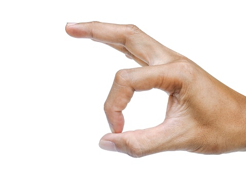 Male hand in OK gesture on white background, business concept.