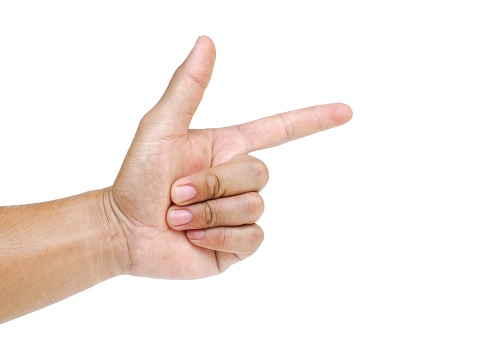 Male hand pointing finger to the side  The idea of pointing at something, such as an object or text. Isolated on a white background.